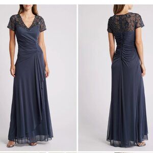 Xscape Evenings Women's Beaded Short Sleeve Ruched Gown Gray/Blue  Sz 10 NWT
